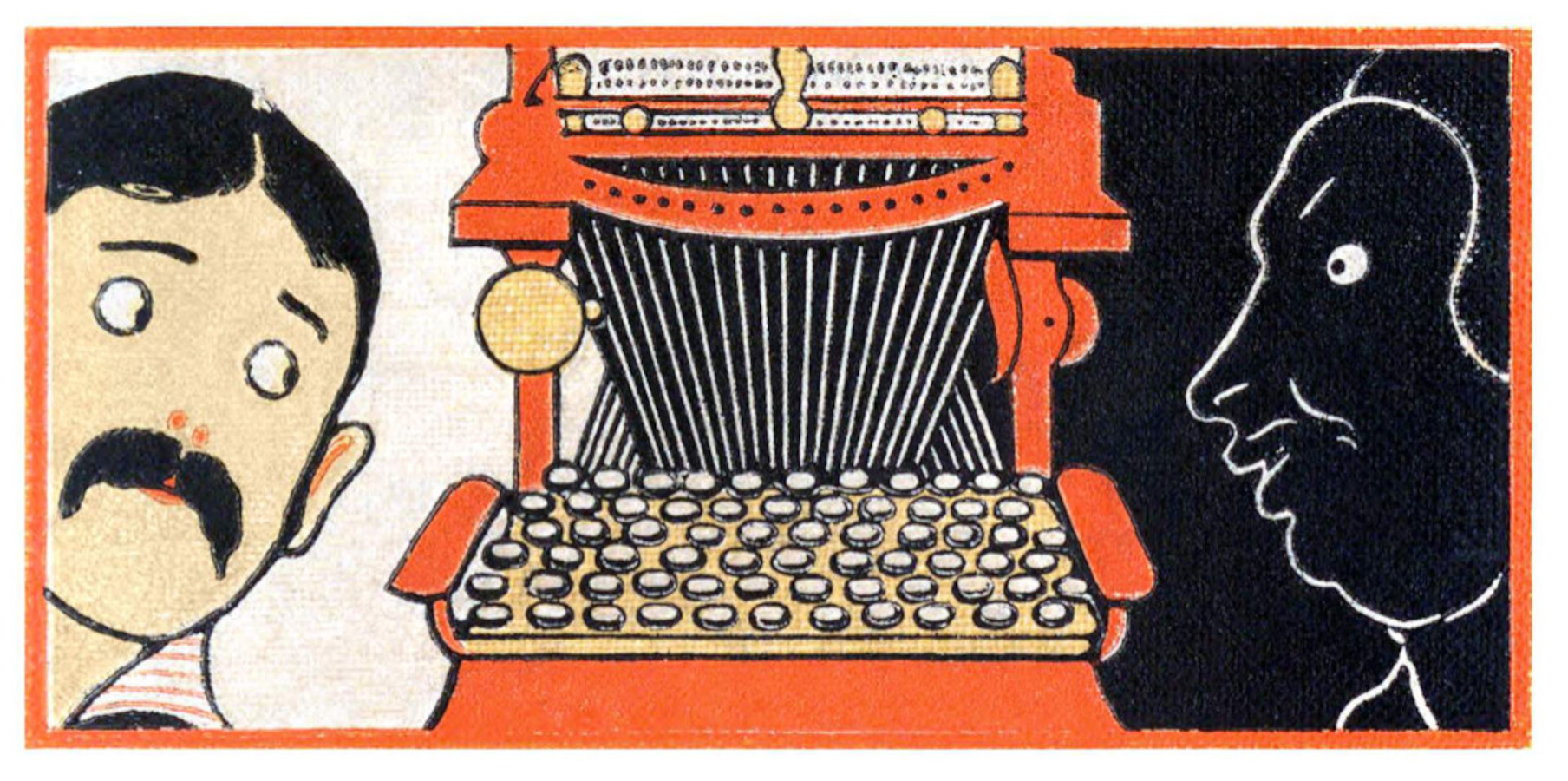 Eine alte Buchillustration mit einer Schreibmaschine in der Mitte.